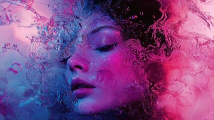 Woman submerged in vibrant water splashes, illuminated by neon colors - Powered by Adobe