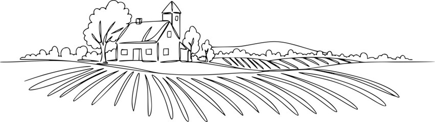 Rural landscape continuous one line vector drawing rural house vector
