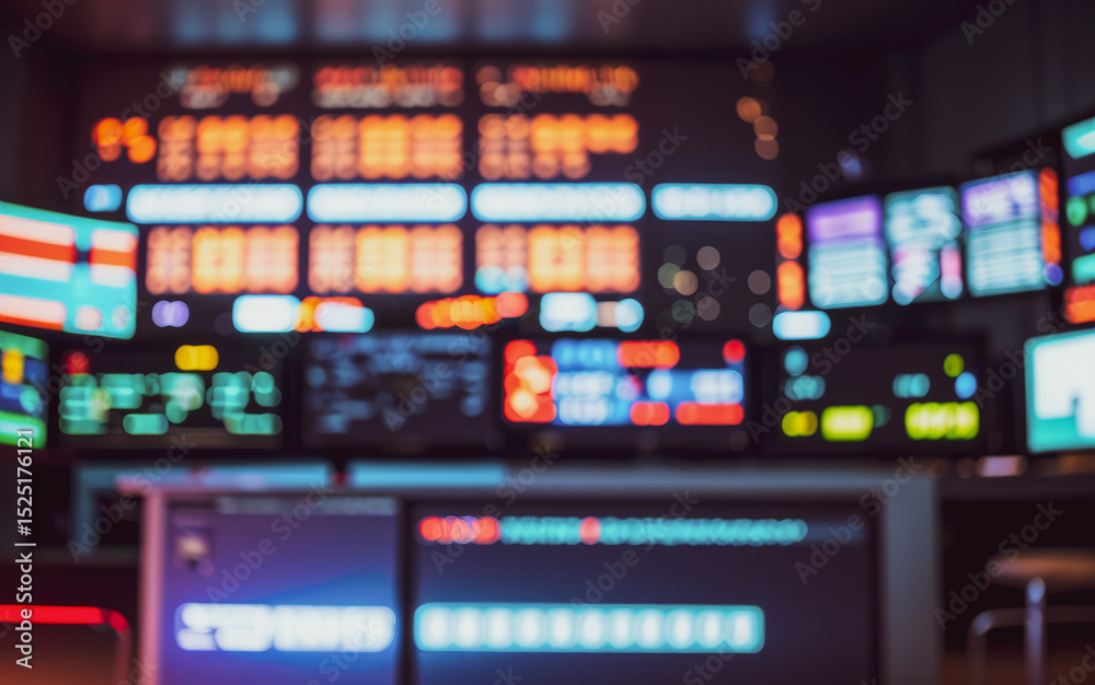 Poster many screens display various data in a control room setting with dark walls.futuristic photos with p
