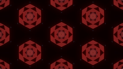 Intricate red neon geometric patterns create a stunning visual display in a dark setting glow