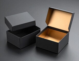 Two Black Boxes Mockup with golden wrapping paper, opened and closed on black background
