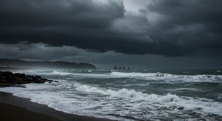 Obraz premium Stormy beach with large crashing waves