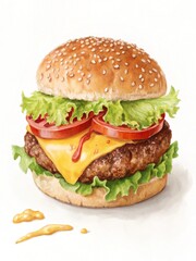 Delicious Watercolor Cheeseburger with Fresh Ingredients