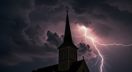 Dark clouds and lightning behind a church steeple