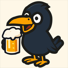 Obraz premium Crow character holds frothy beer mug with cheerful celebration expression.