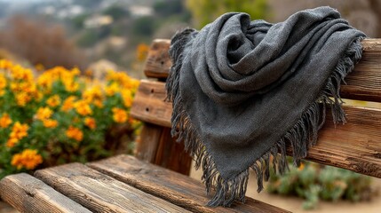 Cozy Gray Scarf Draped on Wooden Bench with Vibrant Yellow Flowers in the Background