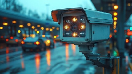 Modern traffic monitoring camera near toll booth. Transportation tech, road management concept. Highway safety, urban security, automatic vehicle detection. Environment, roadway, communication.