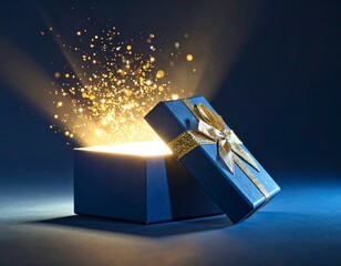 Blue box with magic golden light on dark