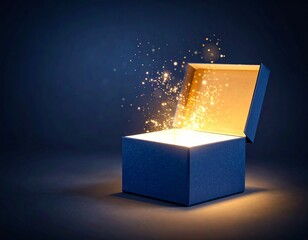 Blue box with magic golden light on dark