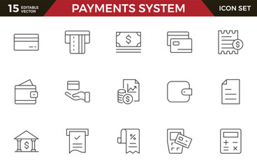 Set of outline Digital Payments Icon Set. Sleek and modern icons for e-commerce, online transactions, and fintech apps, designed to enhance user interfaces and streamline payment processes.