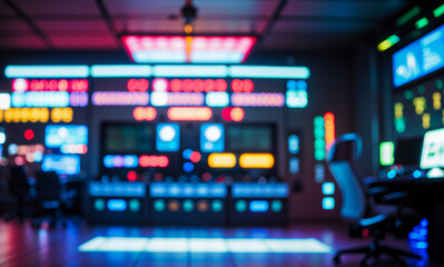 Naklejka premium Futuristic control room with glowing screens and an office chair in focus.futuristic photos with premium quality for poster and banner backgrounds