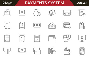 Set of outline Digital Payments Icon Set. Sleek and modern icons for e-commerce, online transactions, and fintech apps, designed to enhance user interfaces and streamline payment processes.