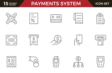 Set of outline Digital Payments Icon Set. Sleek and modern icons for e-commerce, online transactions, and fintech apps, designed to enhance user interfaces and streamline payment processes.
