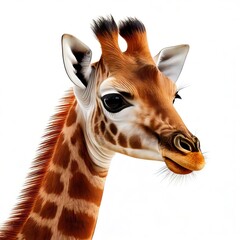 Adorable Giraffe Portrait: Close-Up of a Young Giraffe's Head and Neck Against a White Background