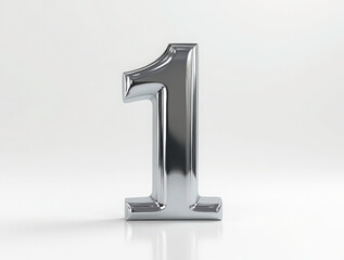 The number 1 displayed upright on a pristine white background. It is crafted from polished chrome metal