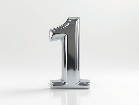 The number 1 displayed upright on a pristine white background. It is crafted from polished chrome metal