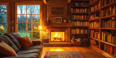Cozy living room with fireplace, books, and warm lighting