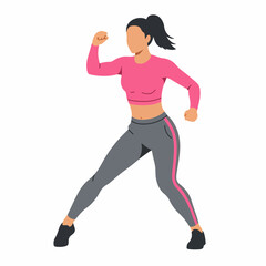 Fototapeta premium Woman in pink top and gray leggings doing fitness exercise. Athletic woman demonstrates fitness workout pose. Active fitness lifestyle concept for gym advertisement or fitness studio promotion.