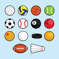 Vector illustration of multiple sport balls including soccer, tennis, basketball, and more.