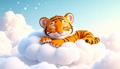 little tiger sleeping on the cloud