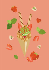 Waffle dessert with fruits and cream, topped with strawberries, mint , and chocolate sticks. Pink background. Suitable for dessert and summer designs.