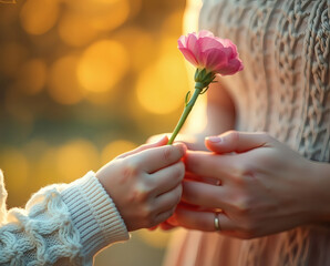 Fototapeta premium Hands share a delicate flower in a warm golden glow during an intimate moment of connection