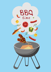 BBQ grill with sausages, fish, vegetables, and spices. Light blue background. Suitable for summer food and party themed designs.