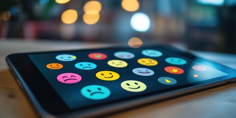 Digital emoji reaction icons on tablet screen