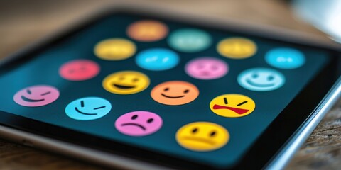 Digital emoji reaction icons on tablet screen