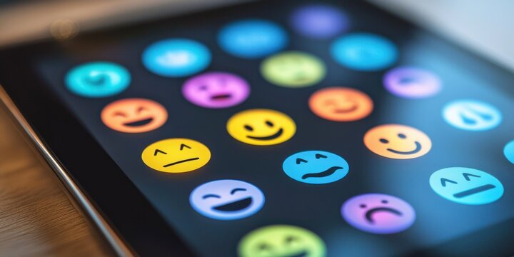 Digital emoji reaction icons on tablet screen - Powered by Adobe