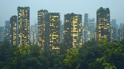 Obraz premium Futuristic cityscape blending nature and urban architecture with illuminated buildings