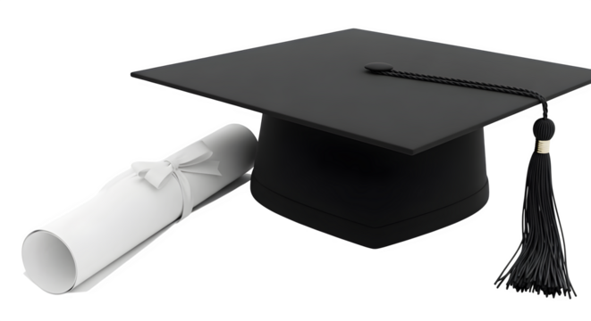 A graduation cap and diploma scroll tied with a white ribbon on a black background isolated on white background, tarensparent background, png, jpg,jpeg,  on transparent background