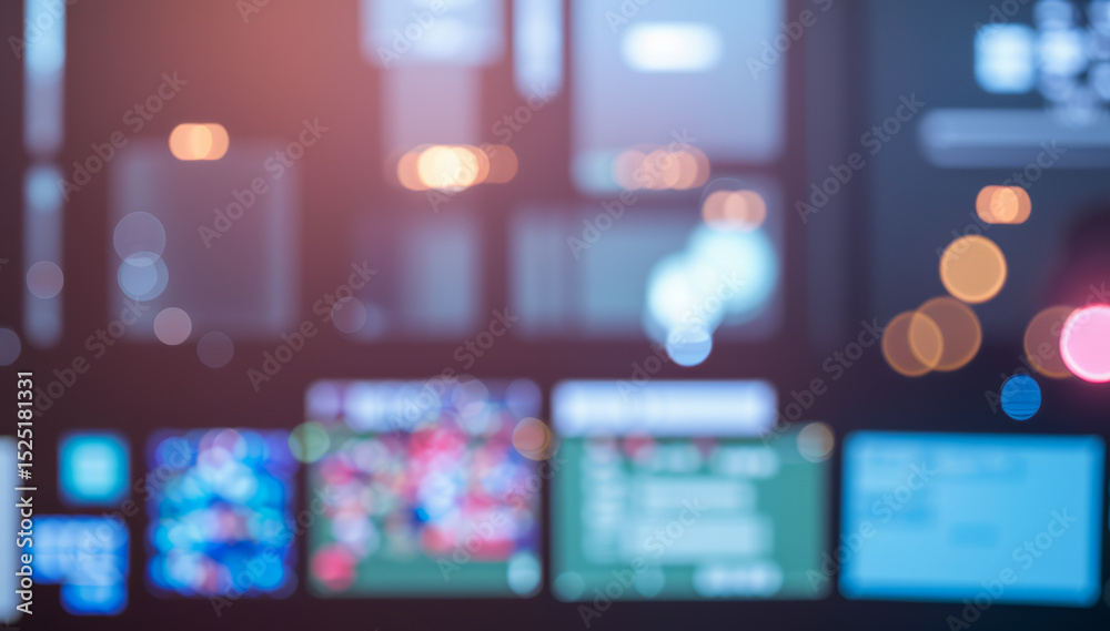 Poster blurred computer screen showing video editing software interface with multiple windows.futuristic ph