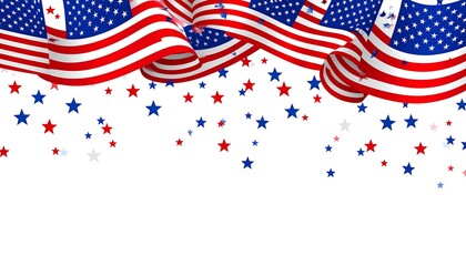 Waving US flags with stars, and confetti.