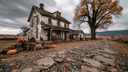 Autumnal Scene with Weathered Farmhouse and Cobblestone Pathway