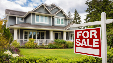 Fototapeta premium House for Sale with Real Estate Sign in Front Yard