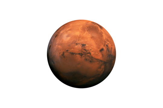 Planet Mars on transparent background, cut out. This image elements furnished by NASA.