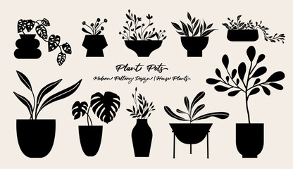 Plant pots vector illustration, folk art style, silhouette, black and white graphics, isolated elements. 