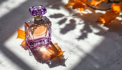 Purple Perfume Bottle on White Ceramic Surface with Orange Leaf Shadow