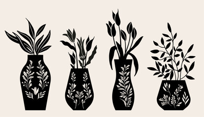 Plant pots vector illustration, folk art style, silhouette, black and white graphics, isolated elements. 