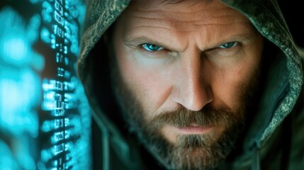 Intense man with a beard in a hooded coat standing near glowing digital screens at nighttime