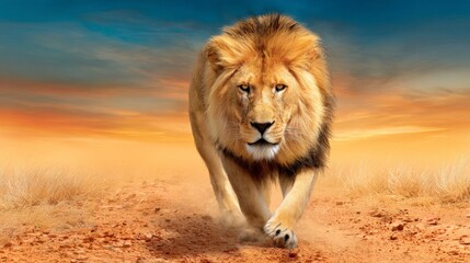 Majestic lion walking across a desert landscape during sunset with a vibrant sky
