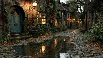 Fototapeta premium Charming Cobblestone Alleyway with Warm Lights and Lush Greenery Ideal for Fantasy Historical