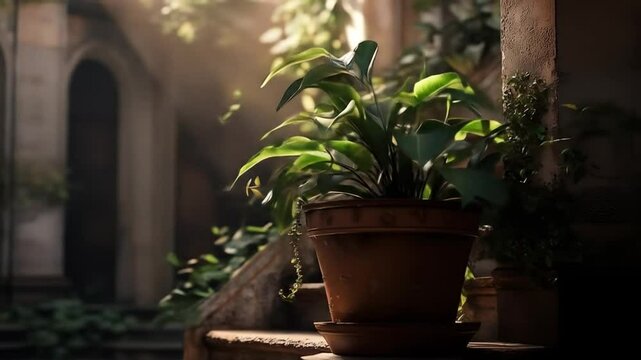 Sun-drenched plant on aged stone steps. Lush greenery in a terracotta pot, bathed in warm sunlight, sits atop weathered stone steps.  Intriguing interior space with plants visible