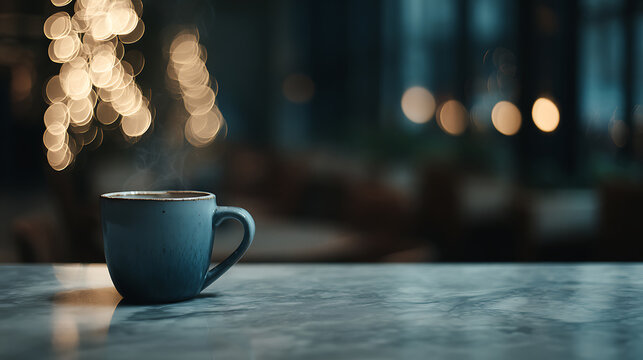Steaming hot coffee cup on elegant marble countertop with soft diffused lighting and artistic bokeh background, cozy cafe atmosphere, shallow depth of field.