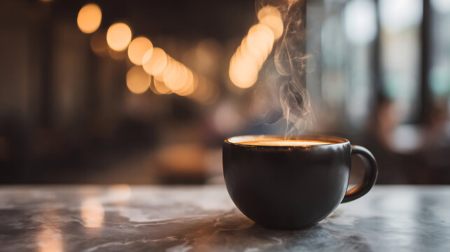 Steaming hot coffee cup on elegant marble countertop with soft diffused lighting and artistic bokeh background, cozy cafe atmosphere, shallow depth of field. - Powered by Adobe