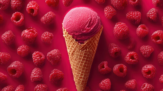 Raspberry Ice Cream Cone on Red Background