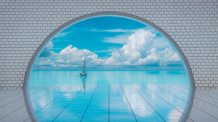 Fototapeta premium A digital art composition featuring a circular window frame set into a white brick wall, looking out onto a serene tropical seascape.