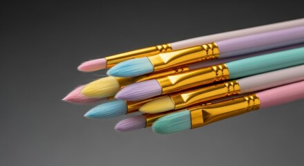 Group of new pastel colored paint brushes with gold ferrules for art and craft projects