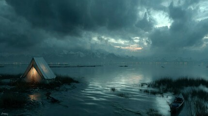 Cozy Camping by the Lake at Dusk with Snowy Mountains in the Background